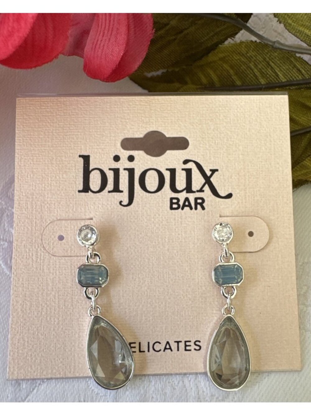 Bijoux Bar Delicates Faux Blue Glass Charm Stones Earrings Dangle SilverTone NEW